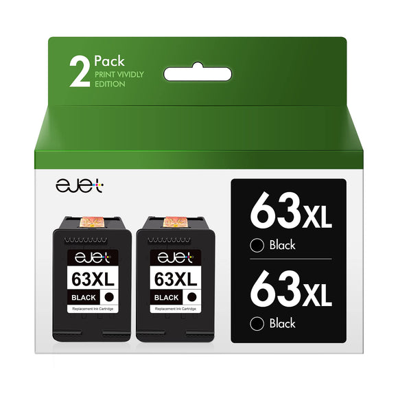 ejet Remanufactured Ink Cartridge Replacement for HP 63XL 63 XL, High Yield Work with OfficeJet 3830 4650 5255 Envy 4520 4512 4516 Deskjet 1112 3630 3634 3639 3632 2132 Printer (2 Black)
