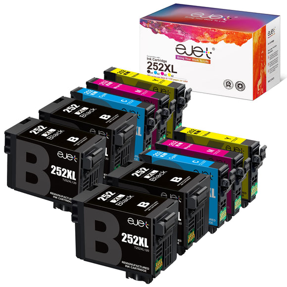 T252 252XL Ink High Capacity Black & Color Cartridge Combo Pack ejet Replacement for Epson 252 Ink Cartridges for WF-7720 WF7710 WF-3620 WF-3640(4 Black,2 Cyan,2 Magenta,2 Yellow)10 PCK Remanufactured